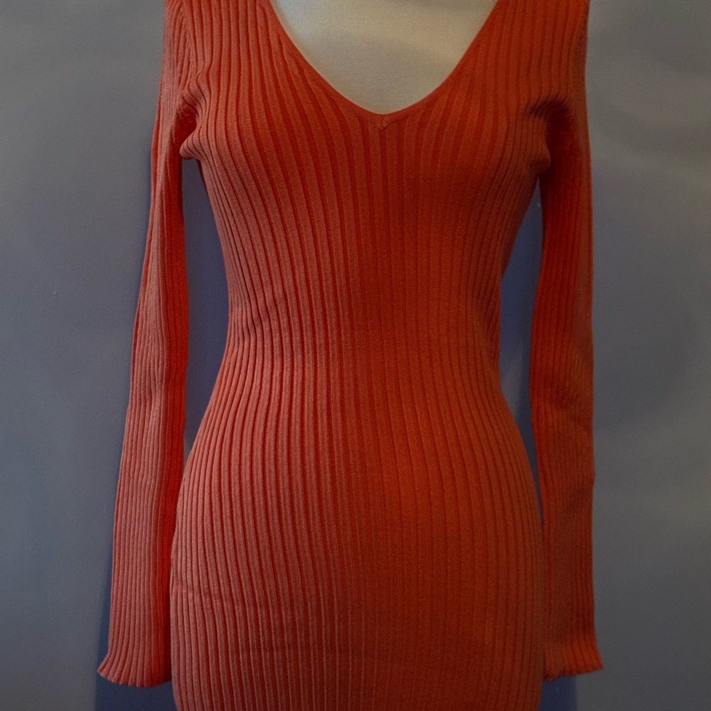 Plus Size Elegant Orange Ribbed Knit Dress